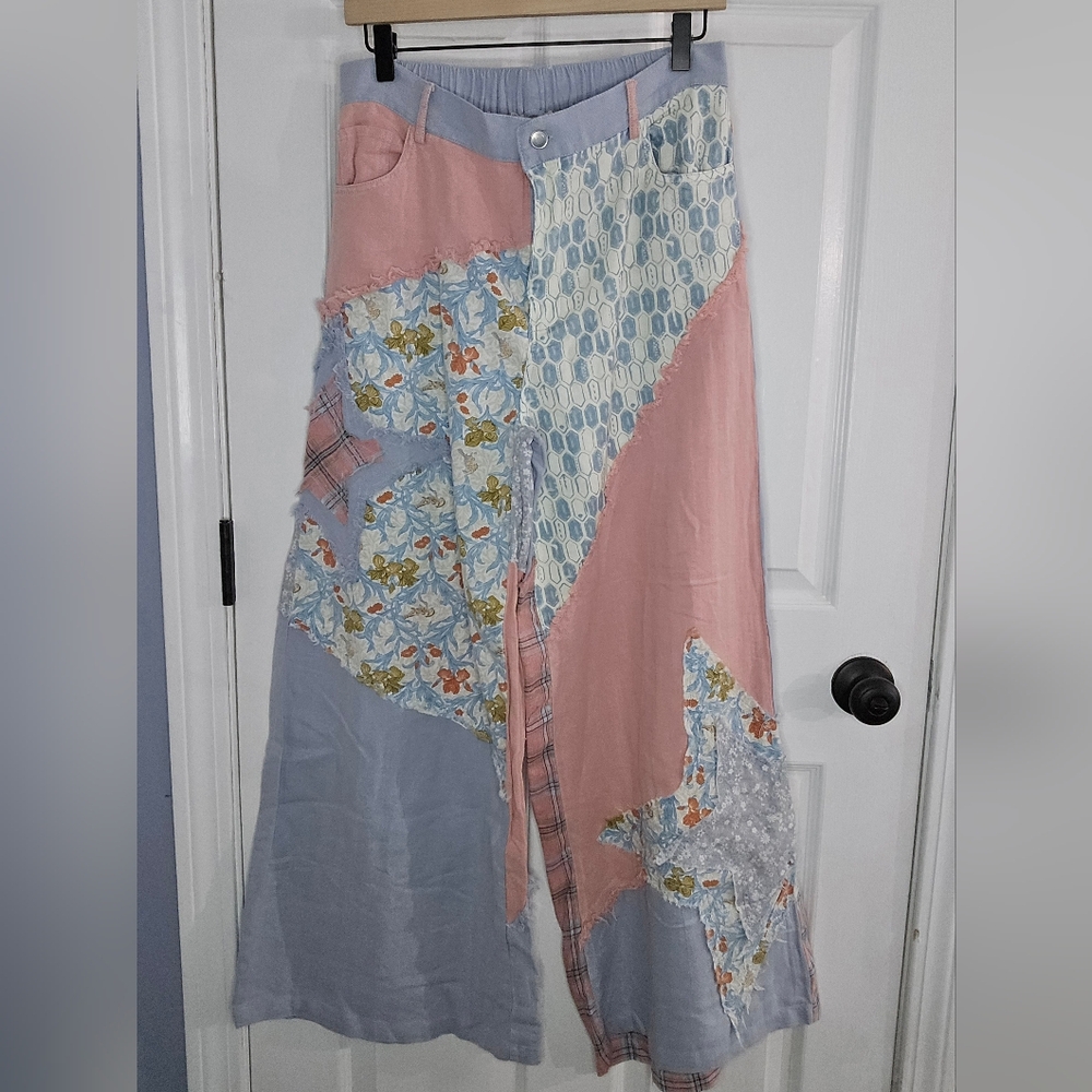 BLUE VELVET Boho Patchwork Pants - Pink & Light Blue